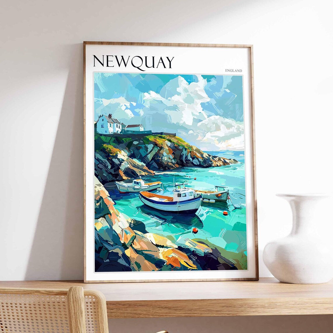 Newquay England Fishing Boats Turquoise Cove Cliff Cottage Poster