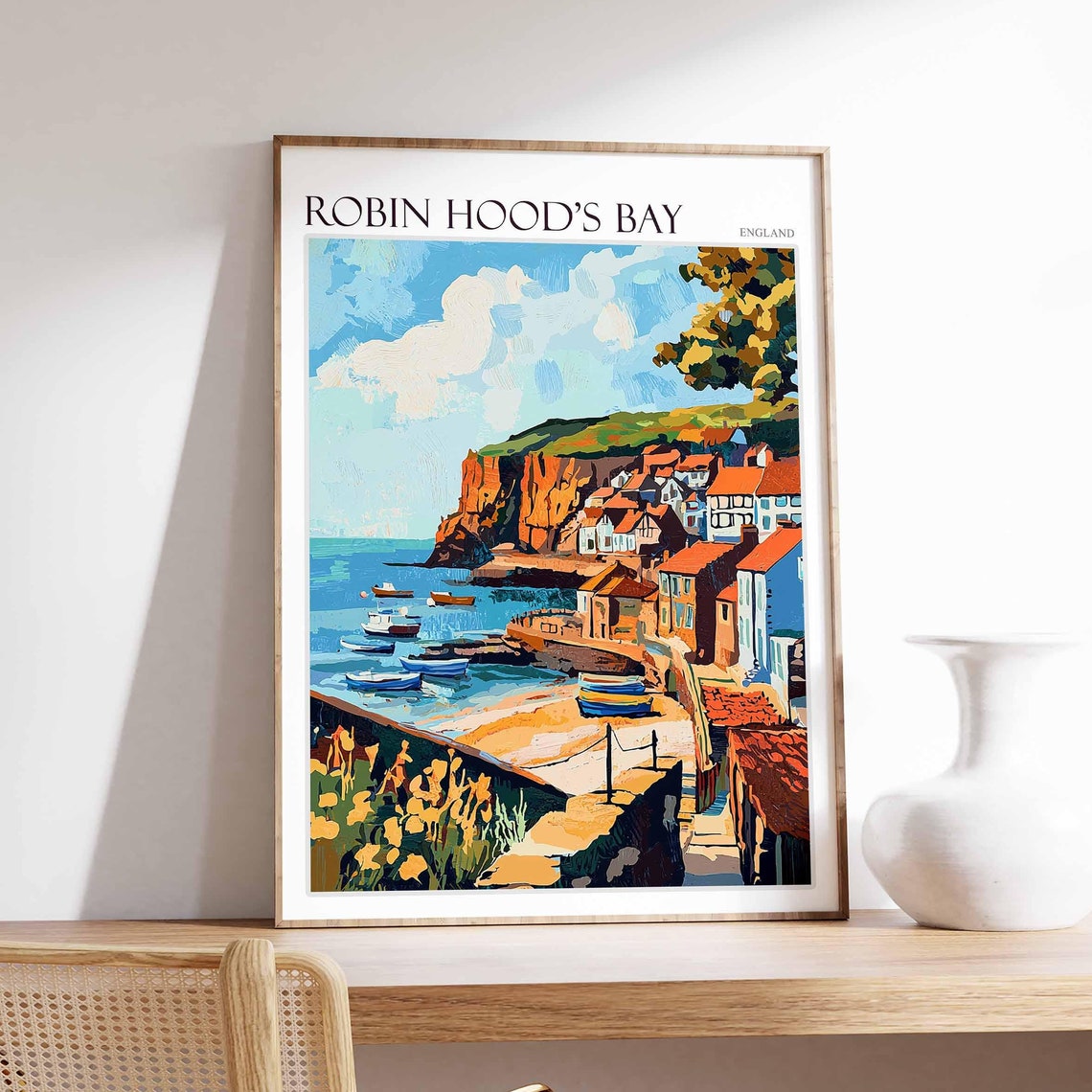Robin Hood's Bay England Harbor Boats Rocky Quay Painting Poster