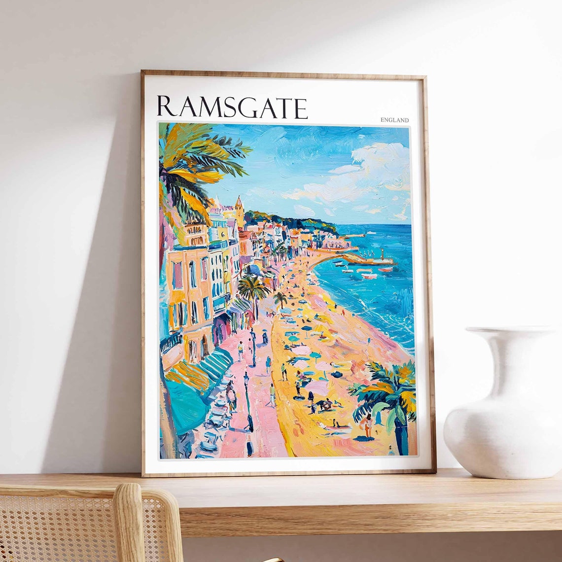 Ramsgate England Crowded Sandy Beach Umbrellas Palm Promenade Poster