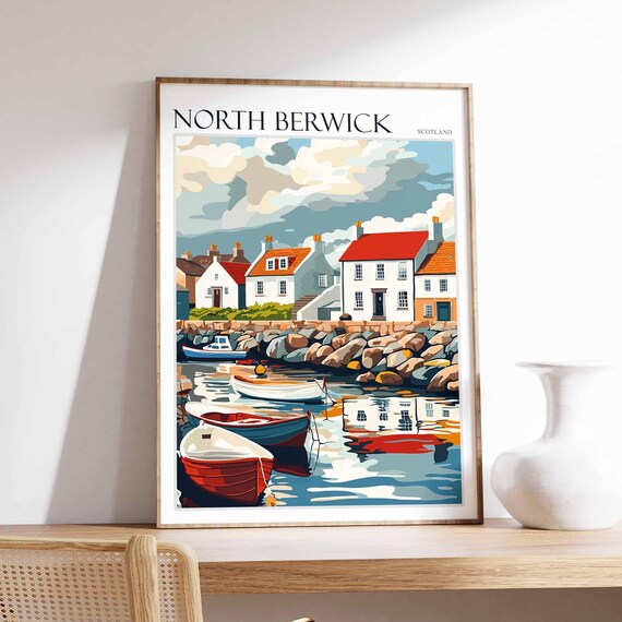 North Berwick Scotland Harbor Boats Scene Vintage Travel Poster