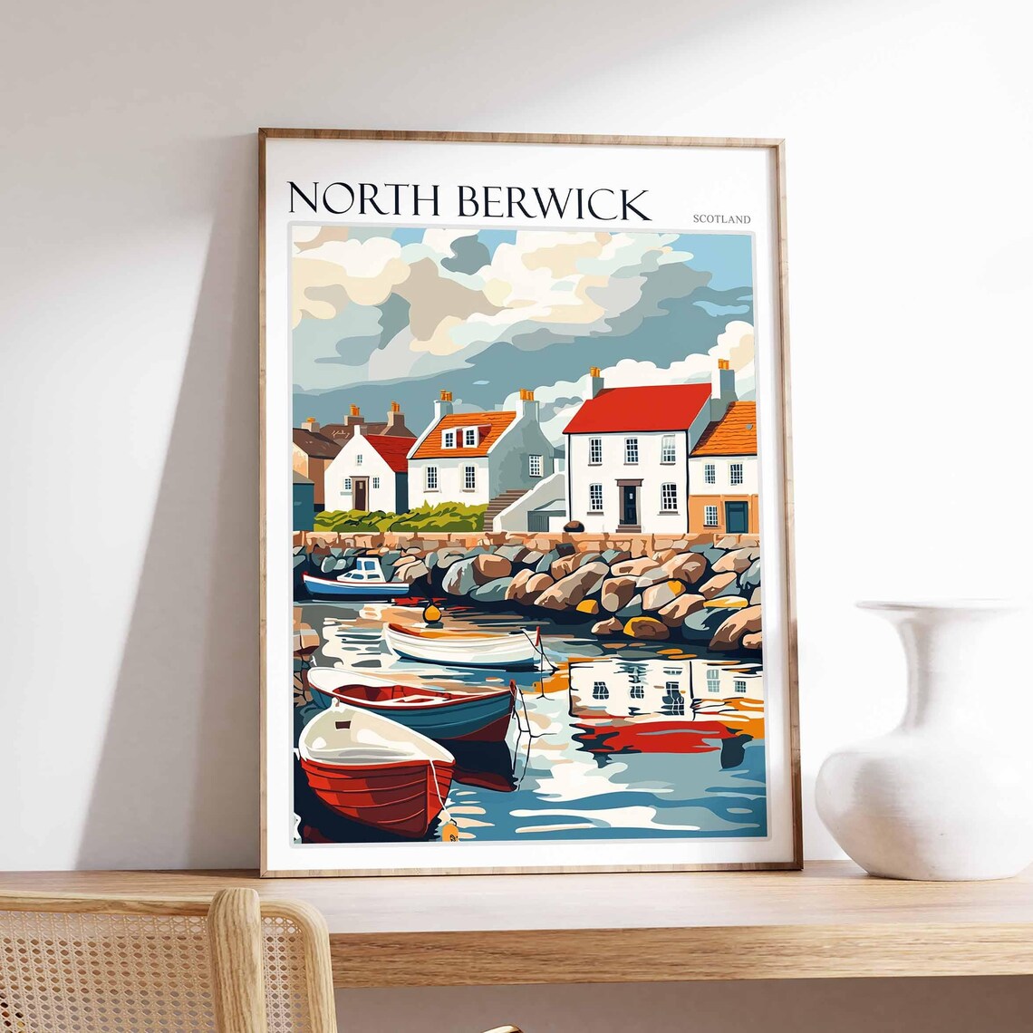 North Berwick Scotland Harbor Boats Scene Vintage Travel Poster