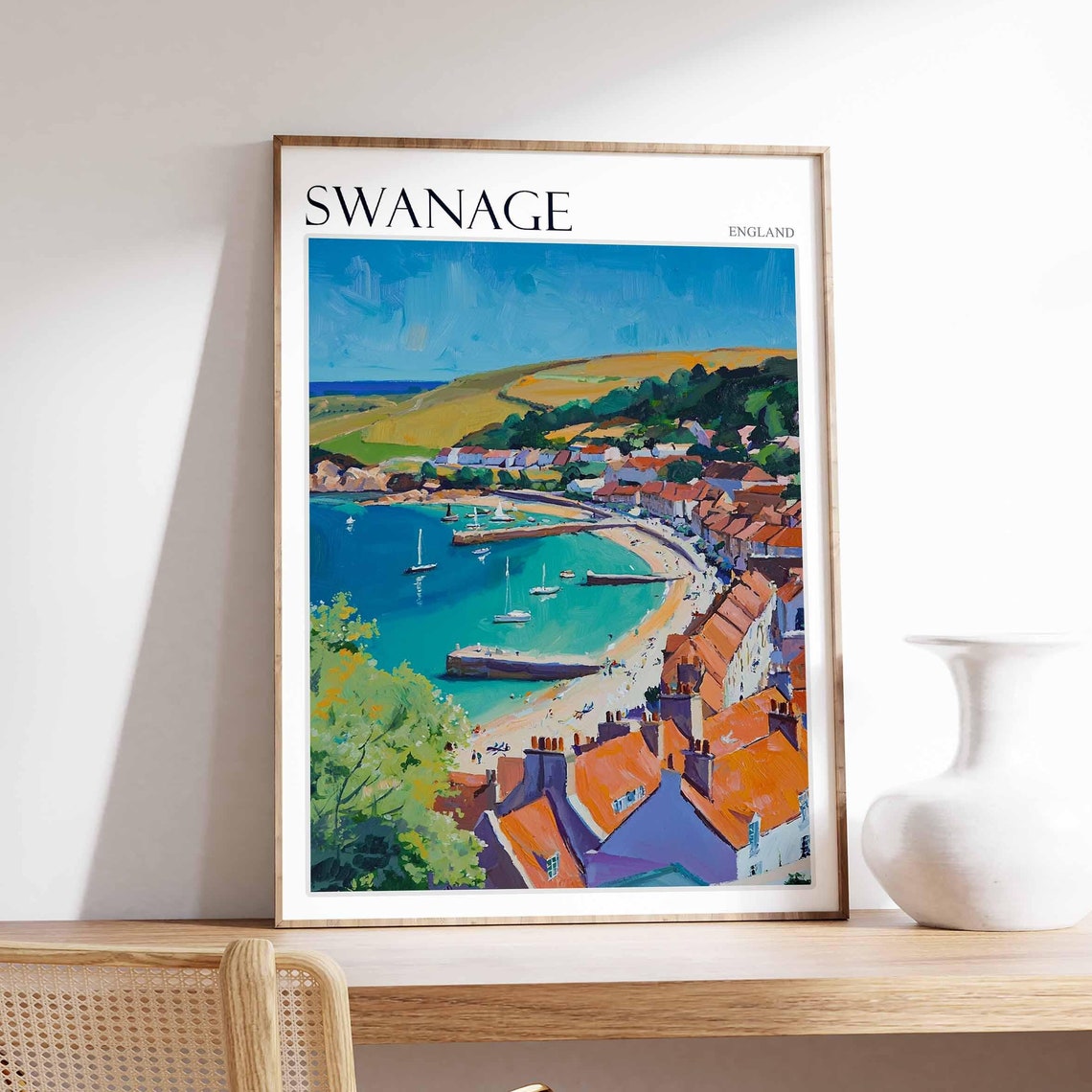 Swanage Harbor Boats Orange Rooftops Painterly Dorset Town Poster