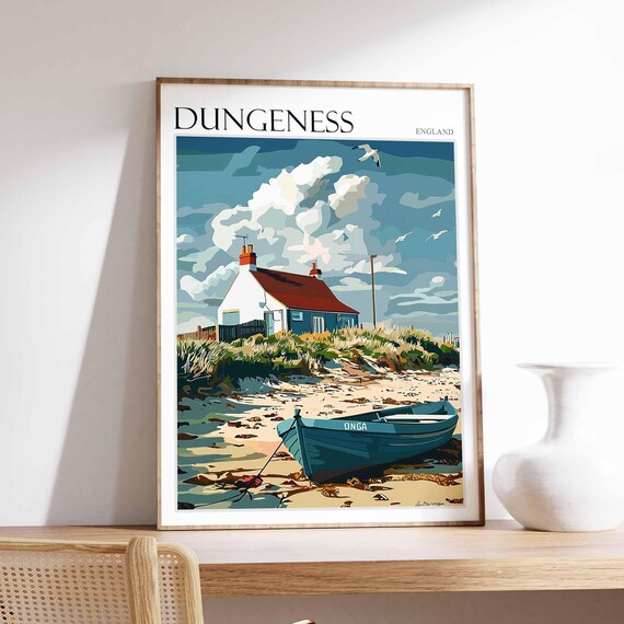Dungeness England Painterly Beach Cottage and Blue Rowboat Poster