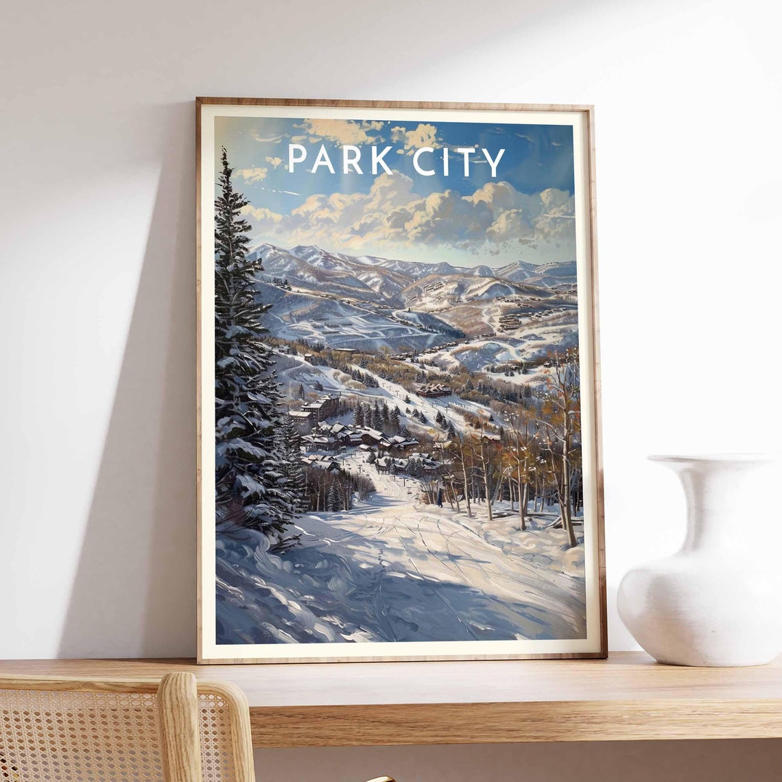 Park City Dusk Snowy Valley Pines Ski Pistes Evening View Poster