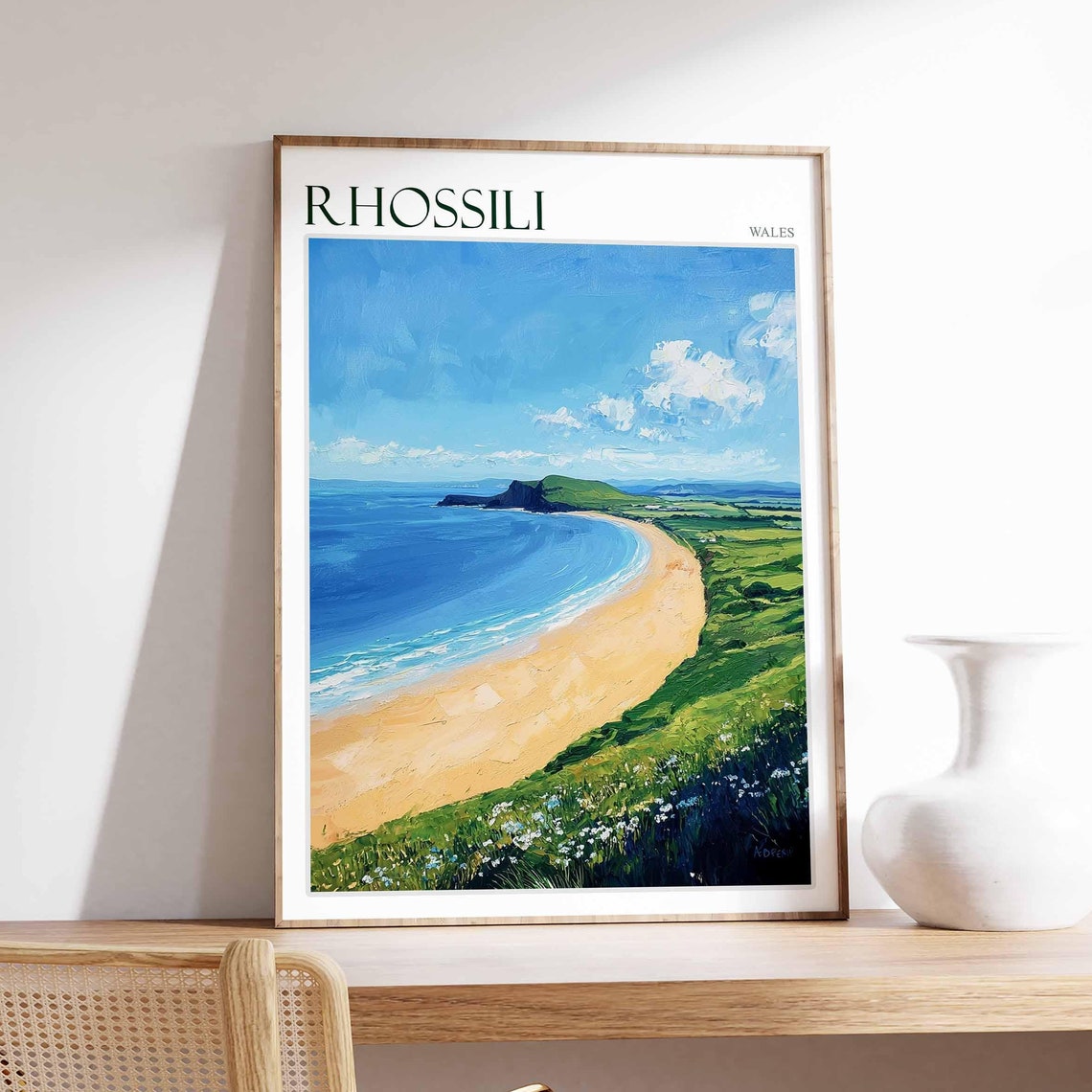 Rhossili Wales Sweeping Sandy Bay Headland Oil Style Art Poster