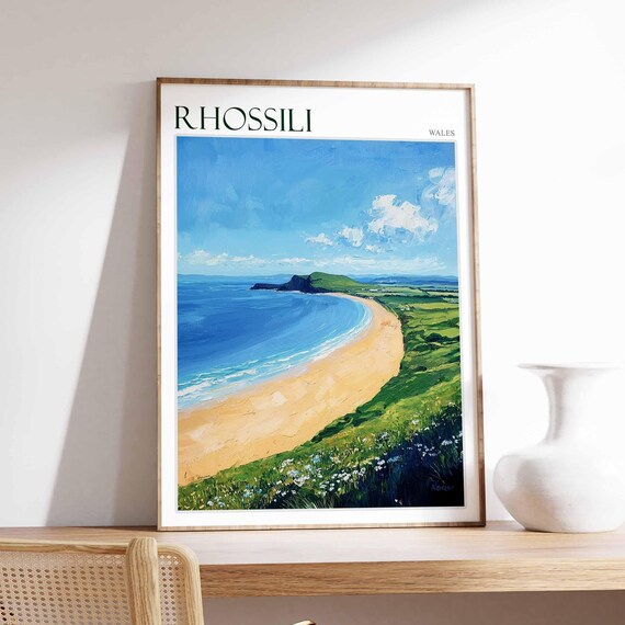 Rhossili Wales Sweeping Sandy Bay Headland Oil Style Art Poster