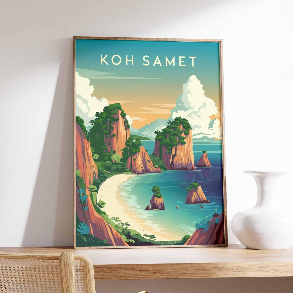 Koh Samet Thailand Tropical Beach Limestone Cliffs Vintage Travel Poster