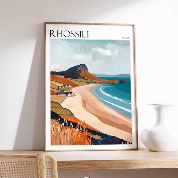 Rhossili Wales Hillside Village Curving Beach Artwork Poster