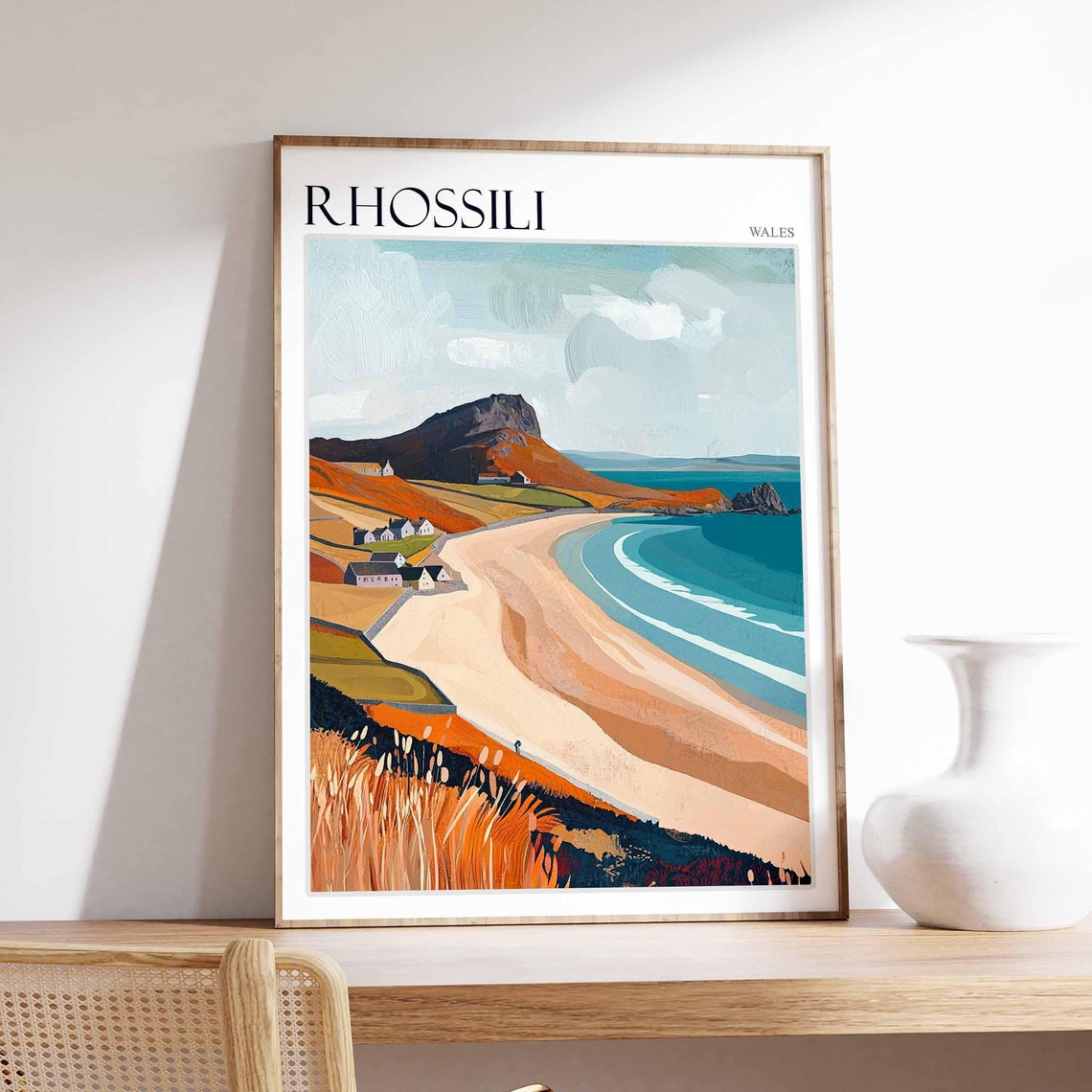 Rhossili Wales Hillside Village Curving Beach Artwork Poster