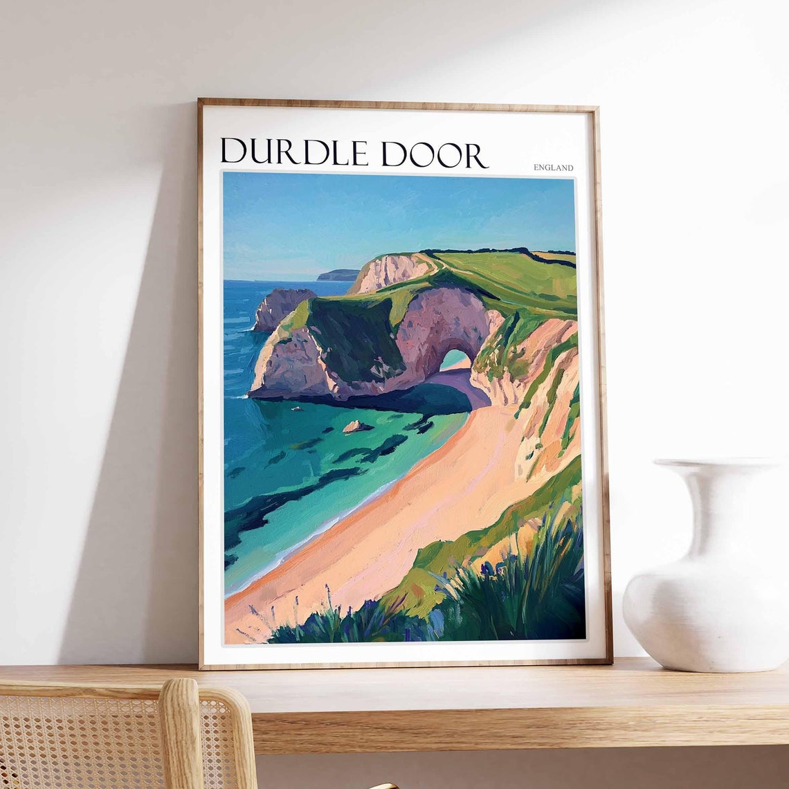 Durdle Door England Sunset Cliffs Chalk Arch Pink Sky Painting Poster