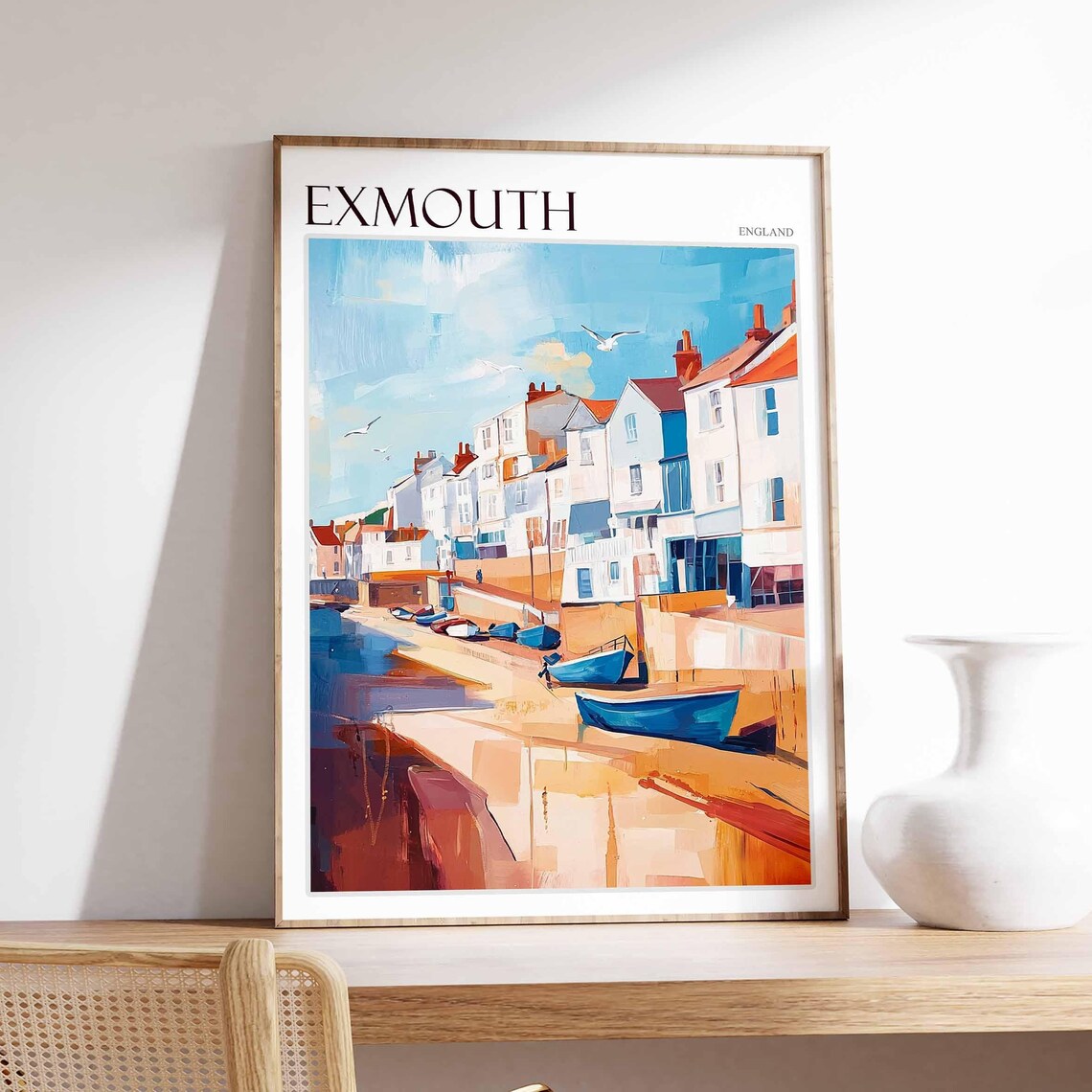 Exmouth England Waterfront Houses Fishing Boats Seagulls Poster