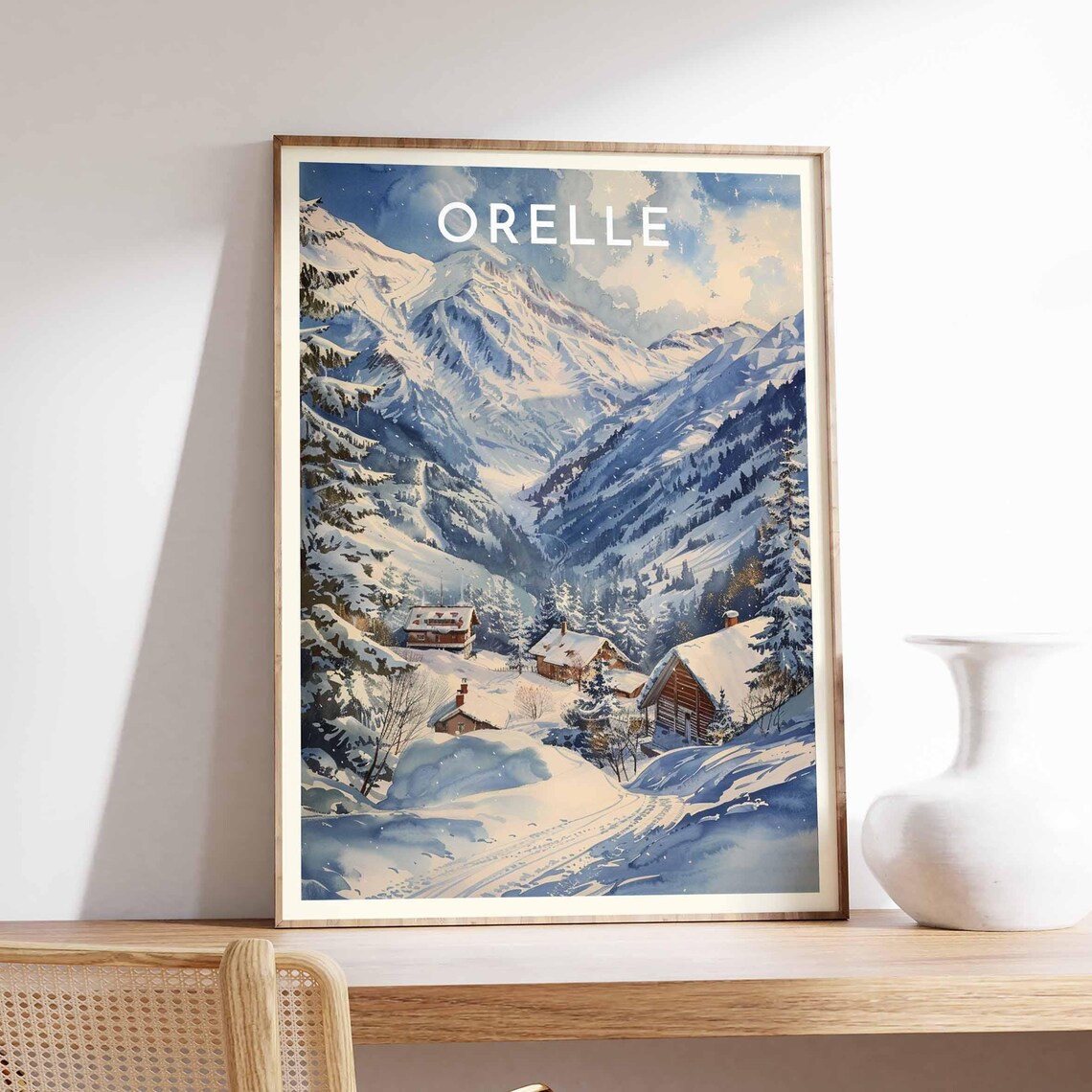 Orelle France Snowy Alpine Valley Chalets Watercolor Ski Travel Poster