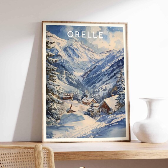 Orelle France Snowy Alpine Valley Chalets Watercolor Ski Travel Poster
