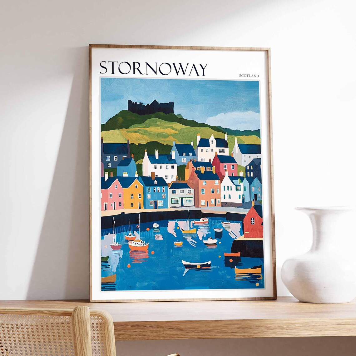 Stornoway Castle Hill Harbor Boats Vibrant Scottish Town Travel Poster