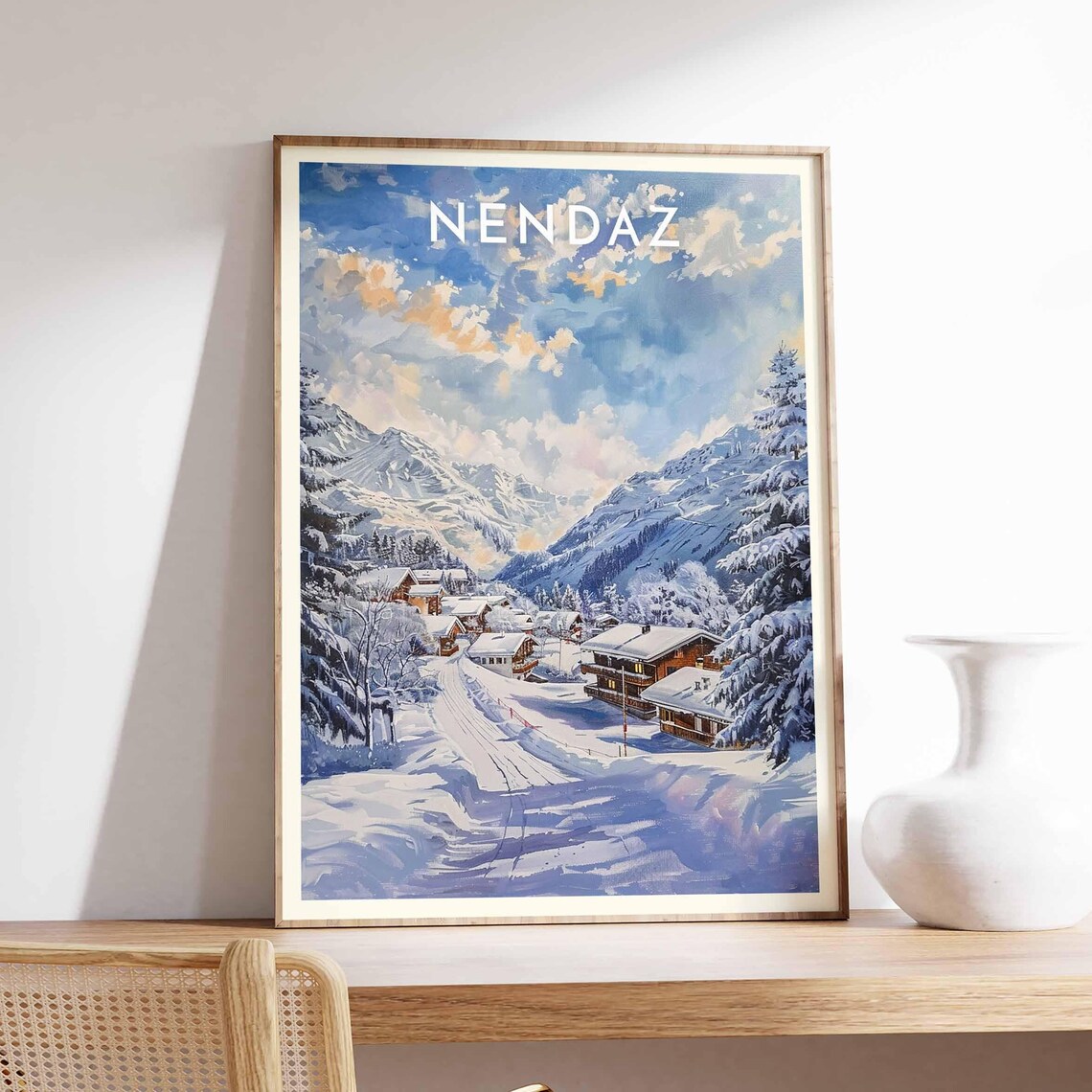 Nendaz Switzerland Sunrise Gold Clouds Over Snowy Village Travel Poster