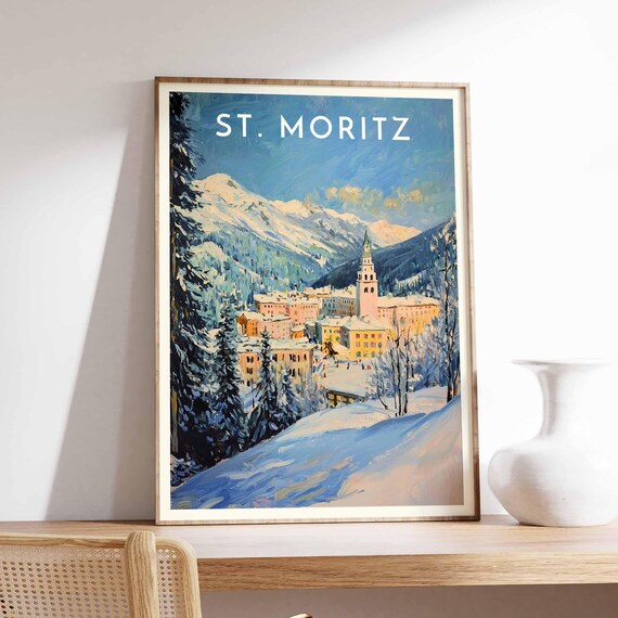 St. Moritz Switzerland Watercolor Church Tower View Alpine Poster