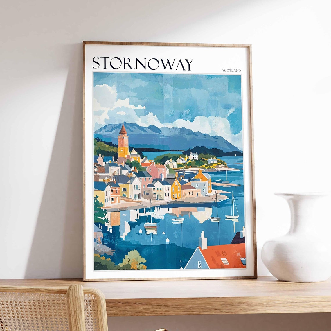 Stornoway Tower Mountains Sailboats Bright Scottish Harbor Art Poster