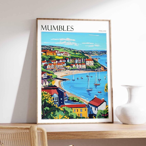 Mumbles Colorful Coastal Bay Sailboats England Travel Poster