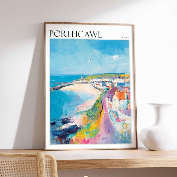 Porthcawl Wales Curving Beach Seagulls Scene Vintage Travel Poster