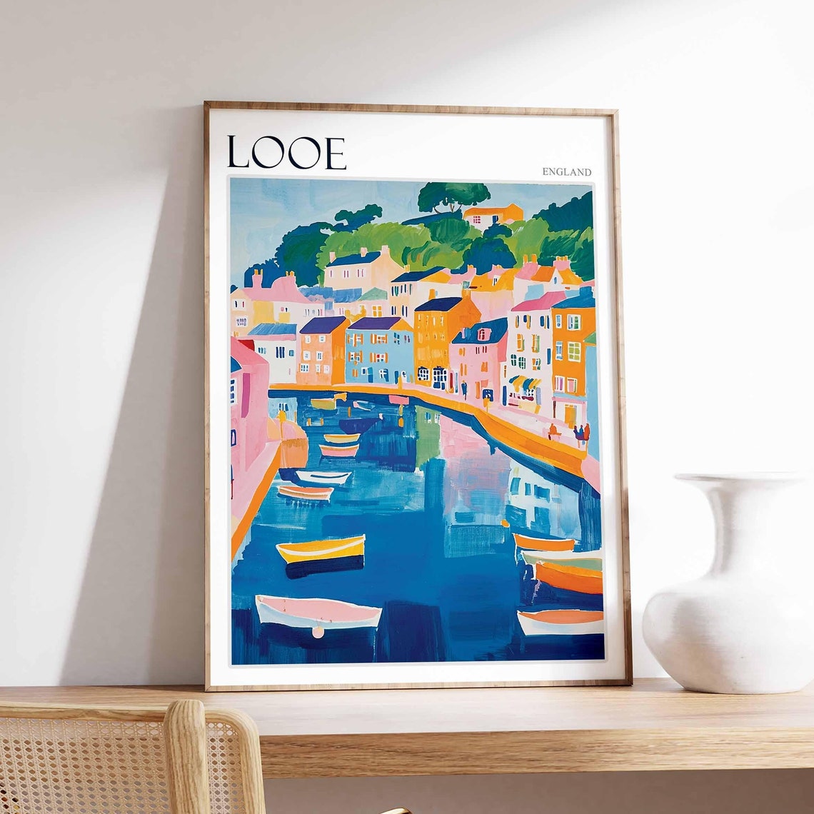 Looe England Harbor Rowboats Reflections Colorful Quay Poster