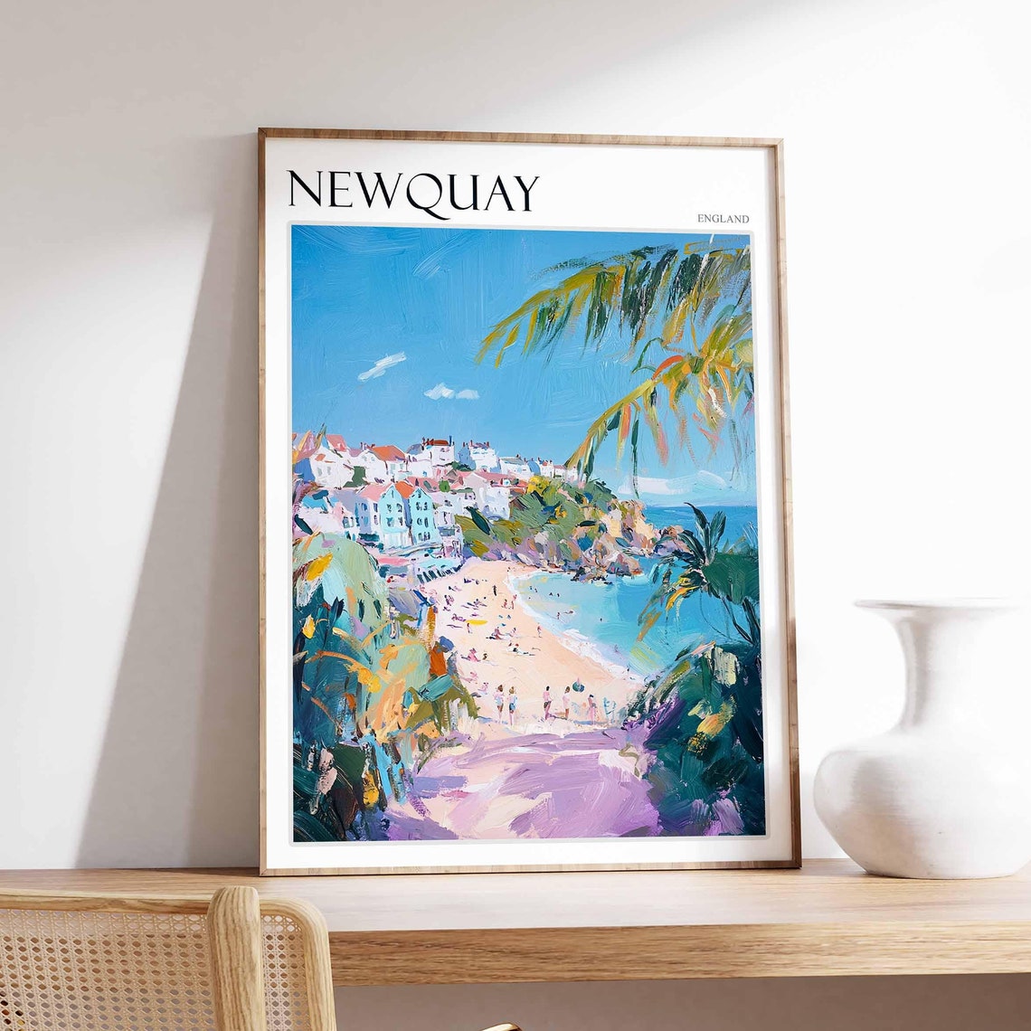Newquay England Cove Beach Palm Fronds Colorful Headland Town Poster