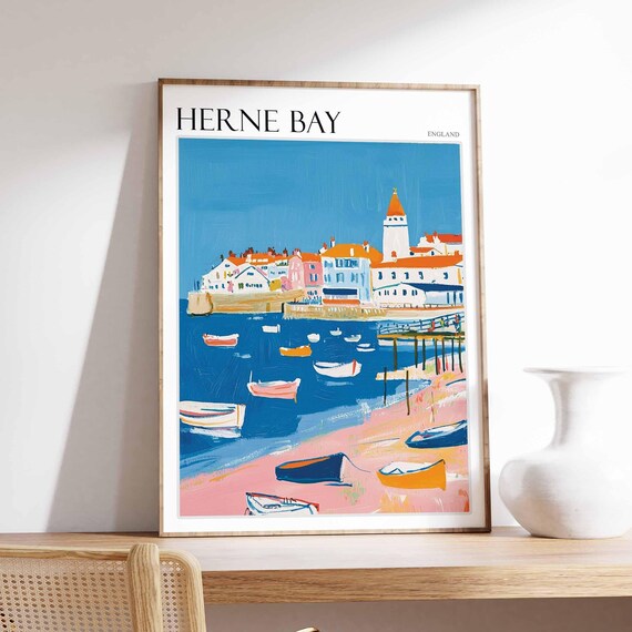 Herne Bay England Clock Tower Pier Rowboats Pink Sand Poster