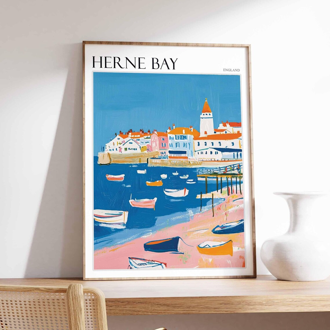 Herne Bay England Clock Tower Pier Rowboats Pink Sand Poster