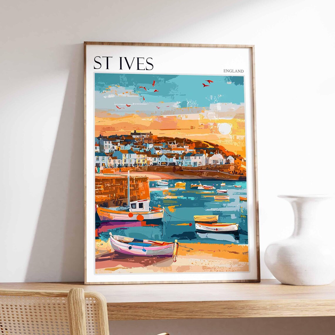 St Ives England Harbor Sunset Colorful Fishing Boat Travel Poster