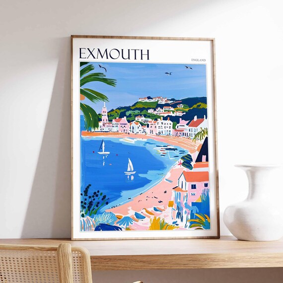 Exmouth England Pink Beach Palms Sailboats Tropical Art Poster