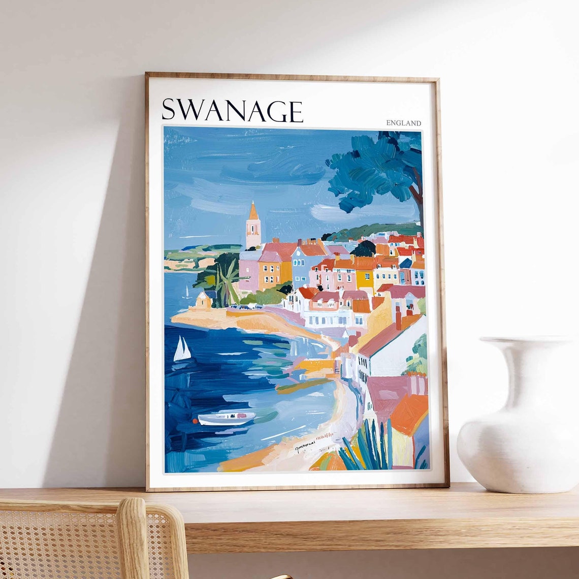 Swanage England Charming Seaside Town with Church Spire and Bay Poster
