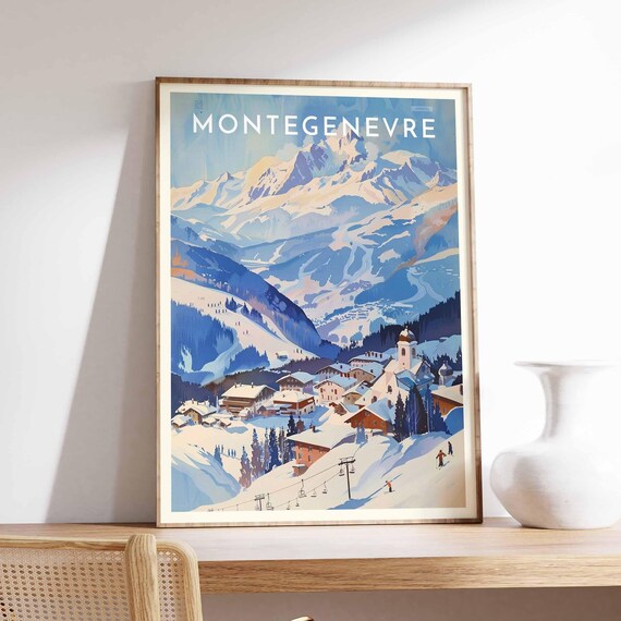 Montgenevre France Village Church Spire Chairlift Snowy Slopes Poster