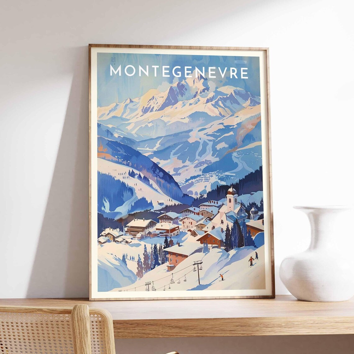 Montgenevre France Village Church Spire Chairlift Snowy Slopes Poster