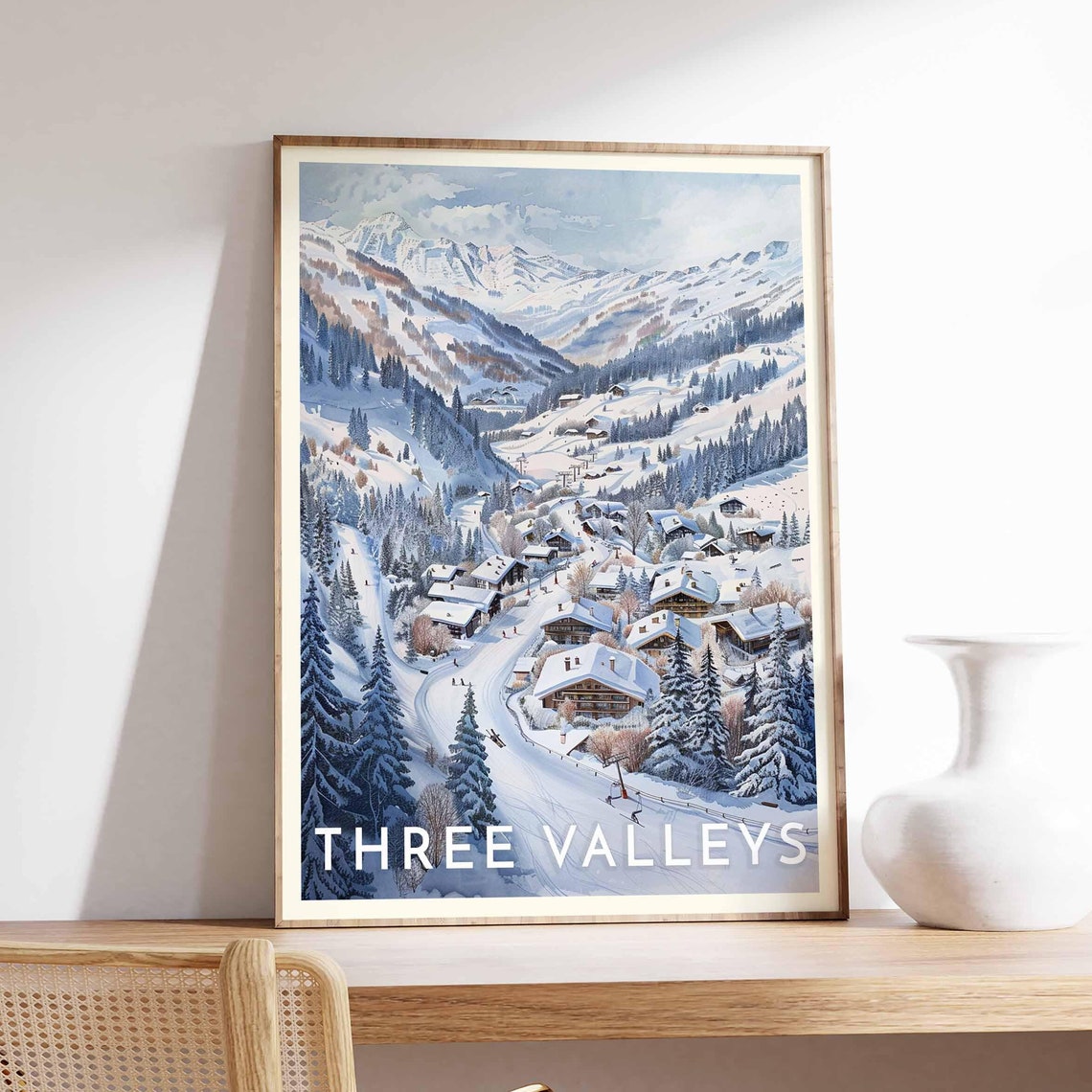 Three Valleys Winding Groomed Trail Through Chalet Slopes Poster
