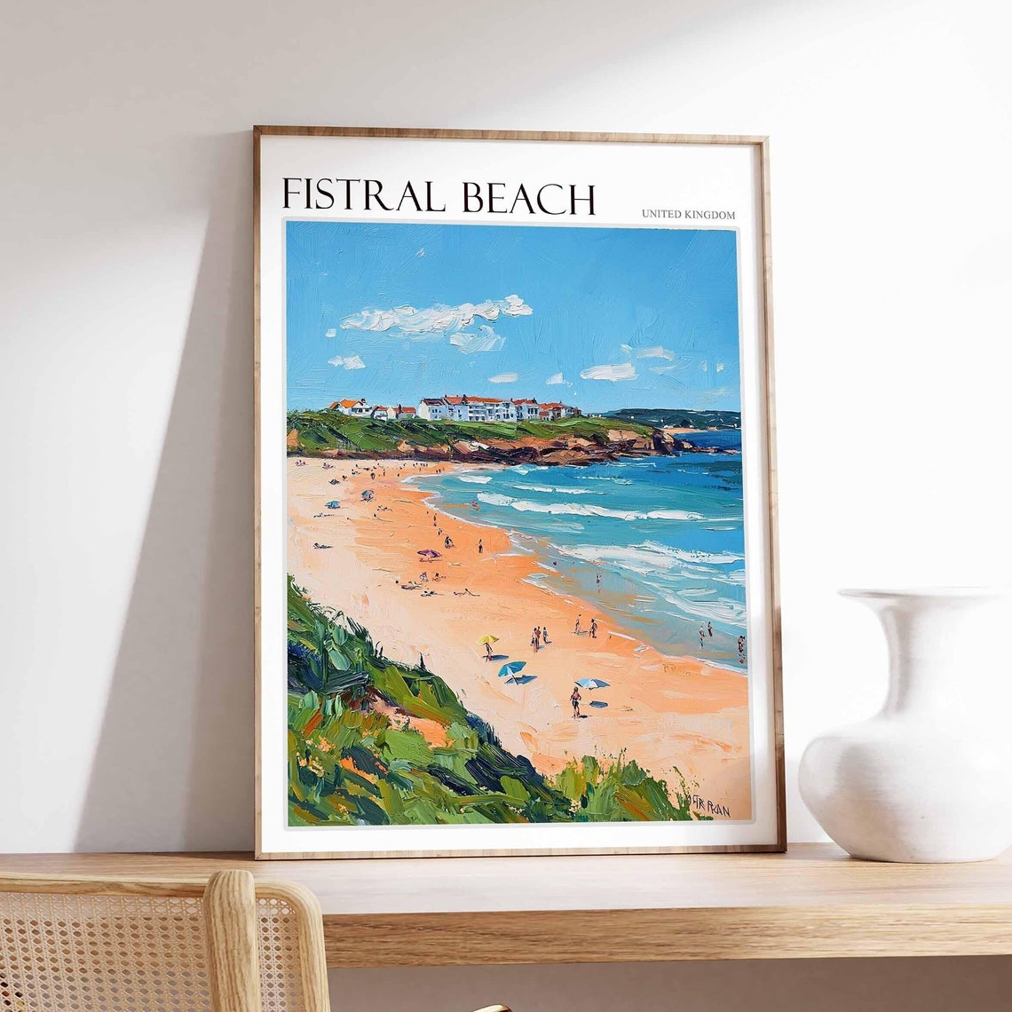 Fistral Beach United Kingdom Sunbathers Cliffs Town View Poster