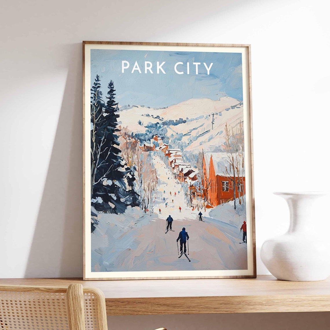 Park City Wide Run Skiers Red Lodge Blue Peaks Winter Scene Poster