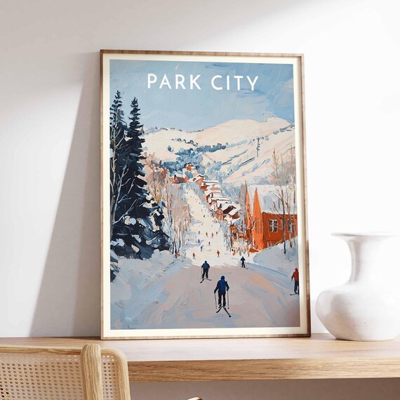 Park City Wide Run Skiers Red Lodge Blue Peaks Winter Scene Poster