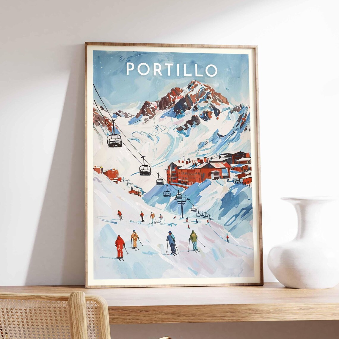 Portillo Chile Graphic Skiers Chairlift and Andes Peaks Poster