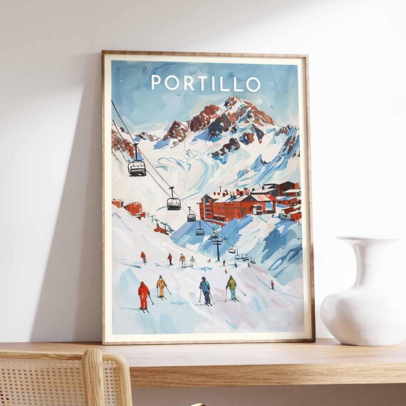 Portillo Chile Graphic Skiers Chairlift and Andes Peaks Poster