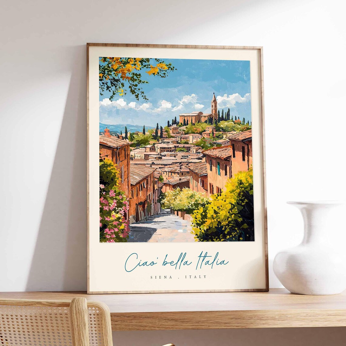 Siena Italy Flower Lined Street Hilltop Church Blossom Travel Poster