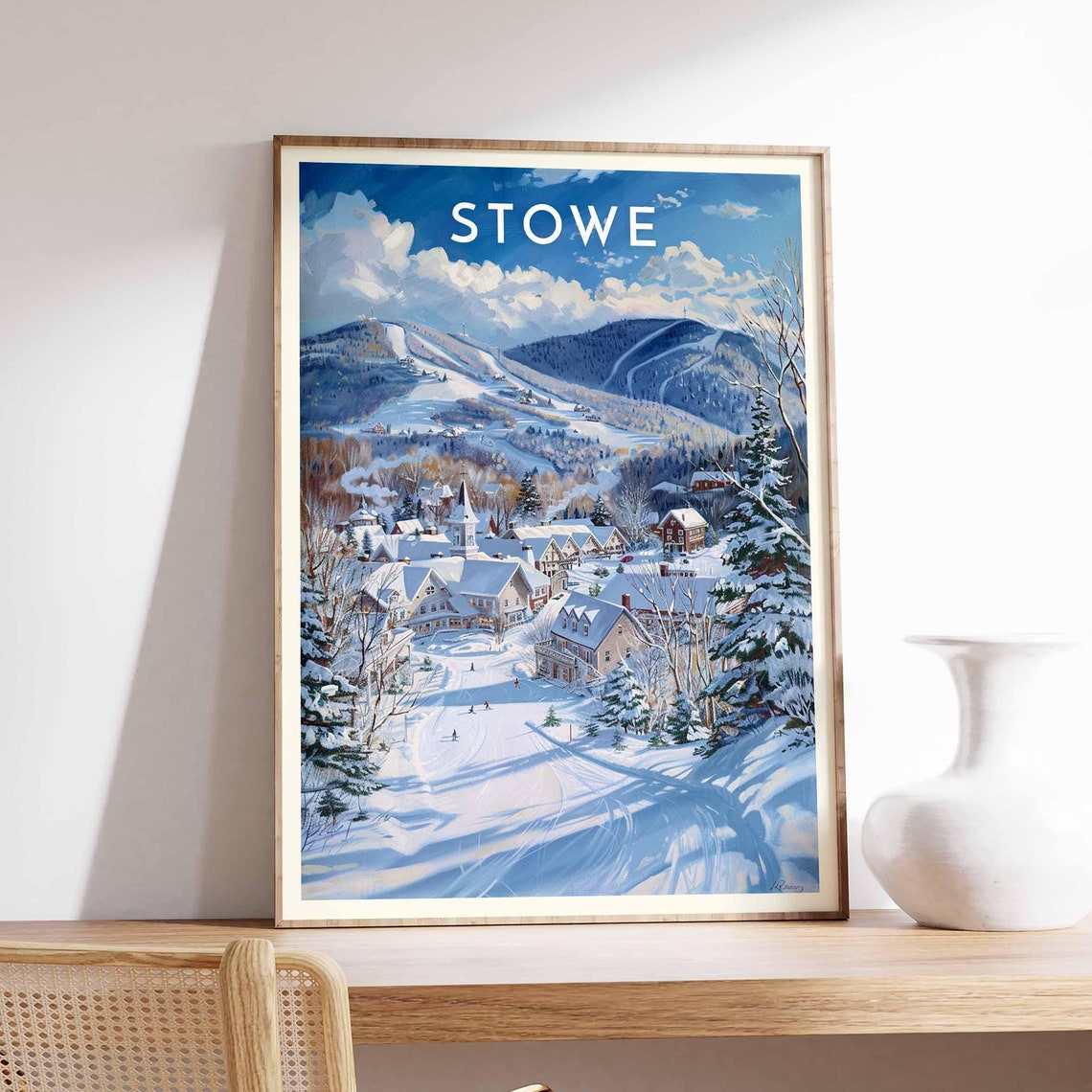 Stowe Winter Village Panorama Under Mountain Ski Trails Poster
