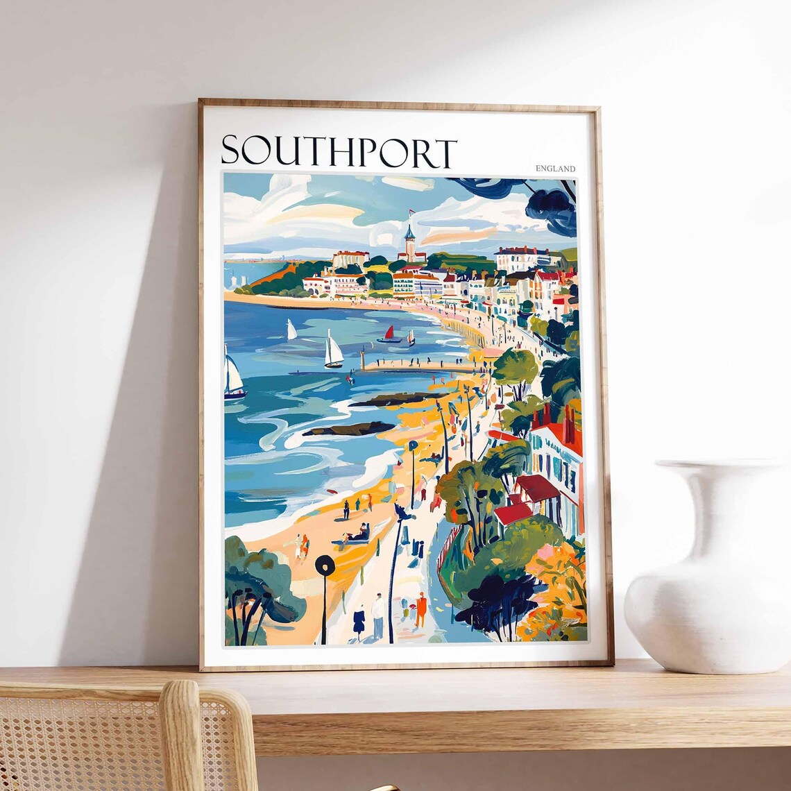 Southport England Seaside Pier Sailboats Beach Travel Poster