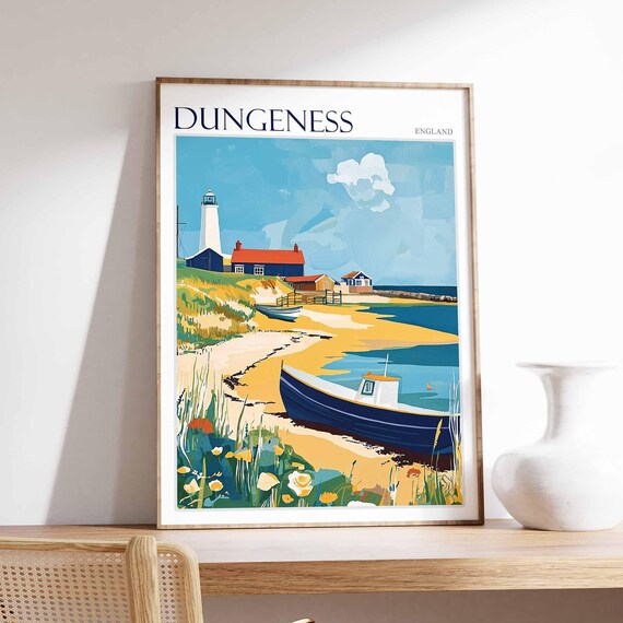 Dungeness England Lighthouse and Fishing Boats Sandy Beach Poster