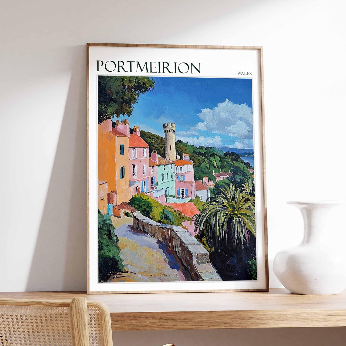 Portmeirion Wales Cliffside Pastel Houses Castle Tower Path Poster
