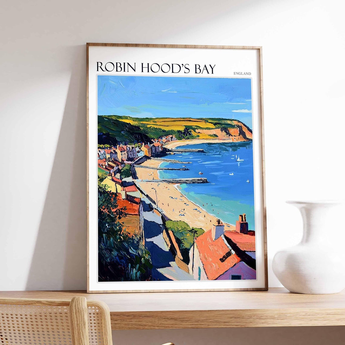Robin Hood's Bay England Aerial Rooftops Beach Cliffs Poster