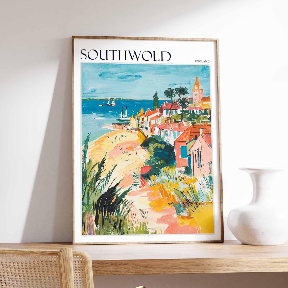 Southwold Beach Town Church Tower Palm Trees Poster England Art