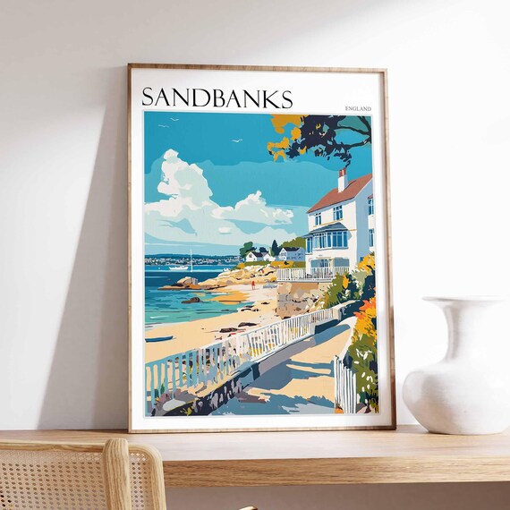 Sandbanks England Promenade White Houses Peaceful Beach Art Poster
