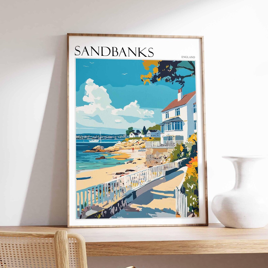 Sandbanks England Promenade White Houses Peaceful Beach Art Poster