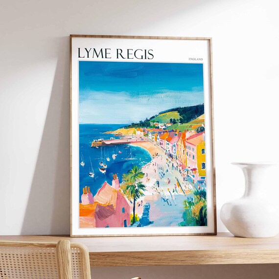 Lyme Regis England Sunlit Harbor Sailboats Waterfront Houses Poster