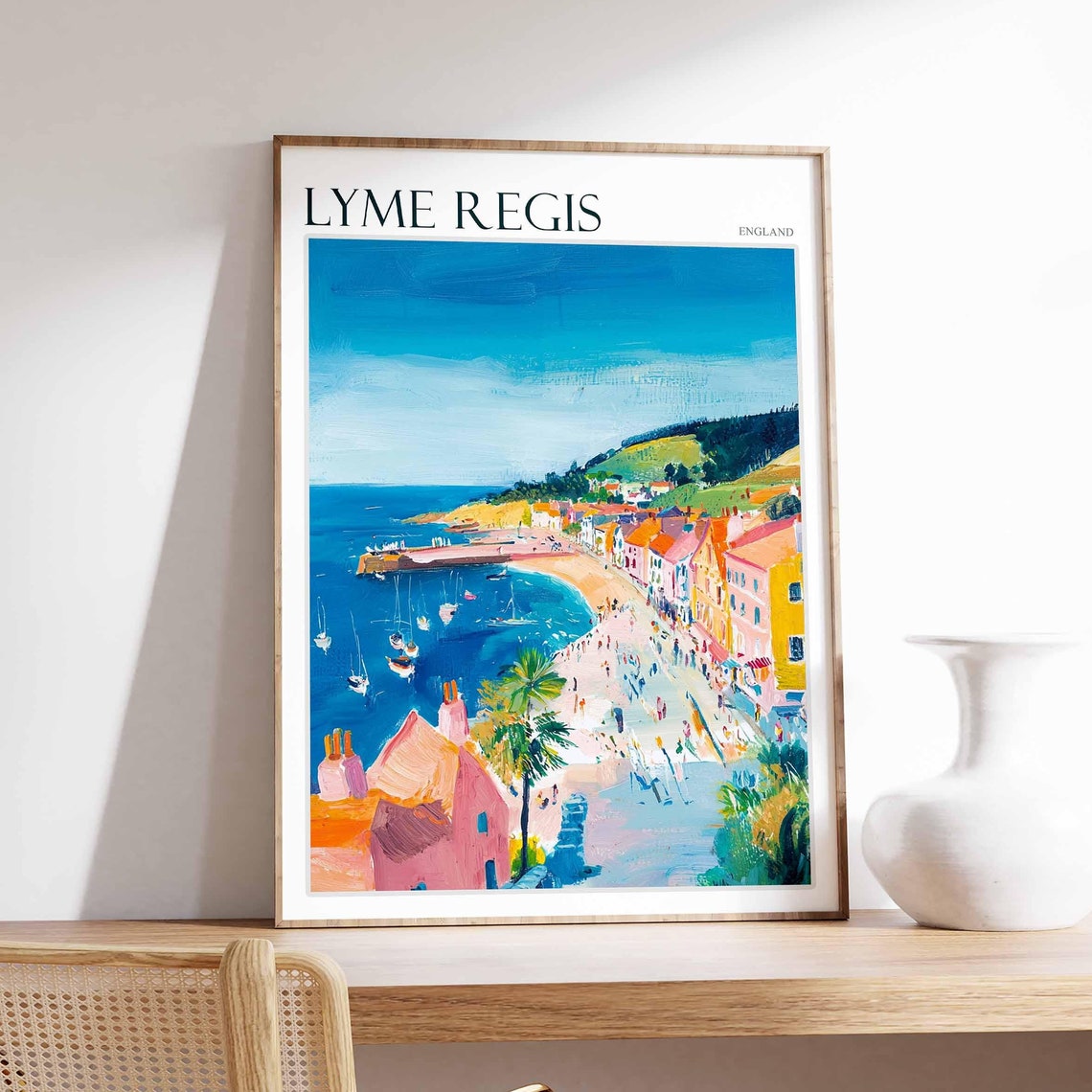 Lyme Regis England Sunlit Harbor Sailboats Waterfront Houses Poster