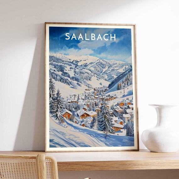 Saalbach Austria Vivid Blue Graphic Alpine Ski Village Poster